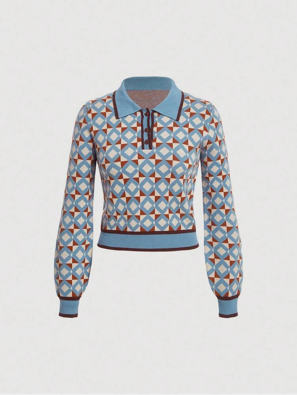 Cider Geometric Light Blue Long-Sleeve Polo Knit Top